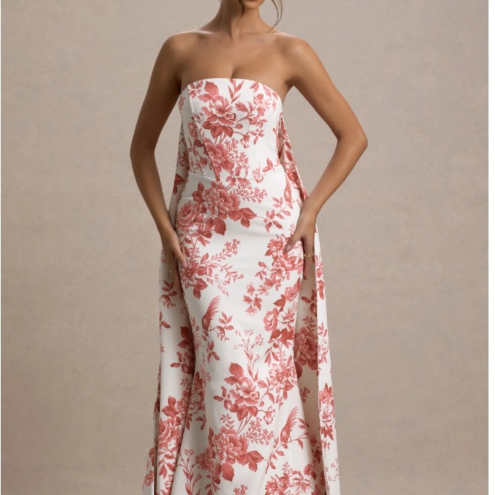 PINK PORCELAIN PRINT BANDEAU MAXI DRESS WITH CAPE
